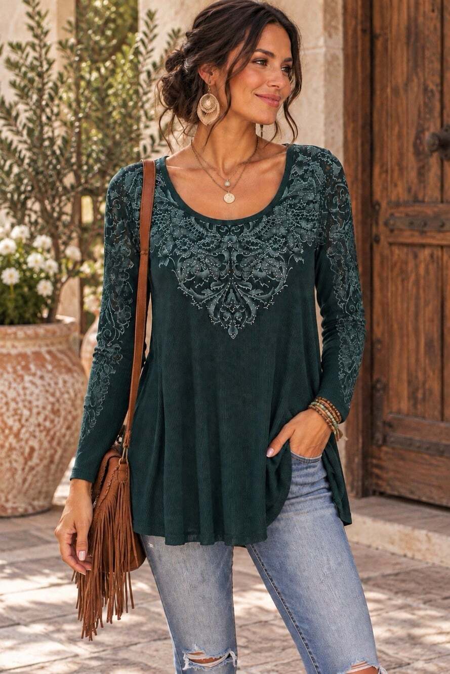 One World 2X Green Boho Tunic Length 3/4 Sleeve Top Thermal Waffle Knit Embellis